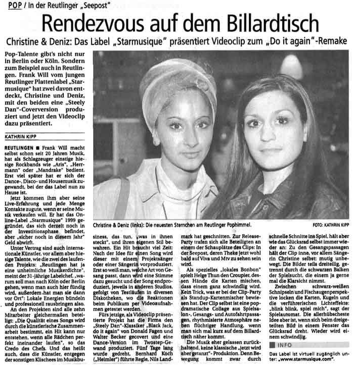 Newspaper article about Christine & Deniz and their dance version of Steely Dan's "Do It Again" published in Reutlingen.